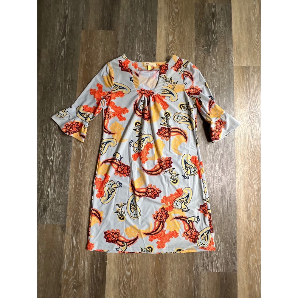Aryeh Shift Dress Women Small Grey Orange Paisley Ruffle Sleeve Scoop Neck